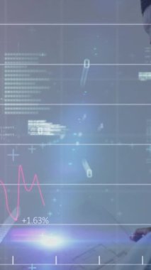 Animation of graphs, binary codes, computer language over diverse coworkers discussing blueprint. Digital composite, multiple exposure, office, report, business, teamwork and communication concept.