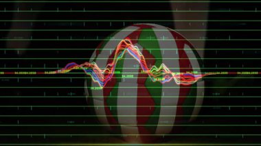 Sol kenardan çıkan ve dönen çizgili küre boyunca salınan dalgalar veriyi görselleştiriyor. Soyut, veri görselleştirme, dijital sanat, hareket grafikleri, gelecek, teknoloji, geometrik