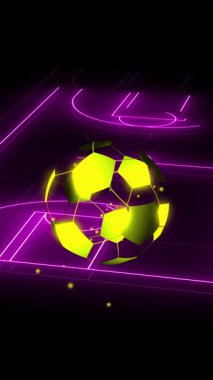 Animation of digital football over neon stadium on black background. Global sport, technology and digital interface concept digitally generated video.