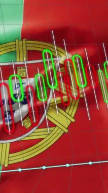 Portekiz bayrağı üzerinde veri işleme animasyonu. Küresel vatanseverlik ve dijital arayüz kavramı dijital olarak oluşturulmuş video.