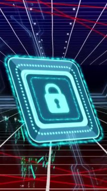 Siyah arkaplandaki çizgi ve şekillerin üzerinde bilgisayar devre kartı olan asma kilit simgesinin animasyonu. Küresel teknoloji, iletişim, bilgisayar ve dijital arayüz kavramı dijital olarak oluşturulmuş video.