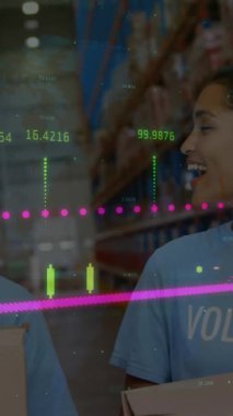 Depodaki çeşitli gönüllülerin finansal veri işleme animasyonları. küresel sevkiyat, dağıtım ve bağlantılar konsepti dijital olarak oluşturulmuş video.