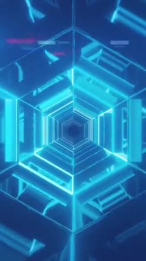 Mavi arka planda hareket eden ışıklardan oluşan neon altıgenlerin animasyonu. renk, hareket ve dijital arayüz kavramı dijital olarak oluşturulmuş video.
