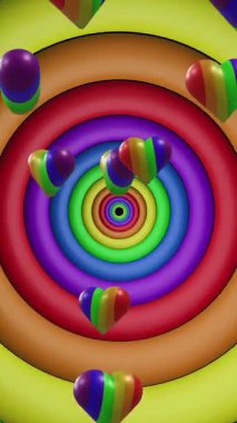 Gökkuşağı çemberleri üzerinde gökkuşağı kalplerinin animasyonu ve kusursuz döngü üzerinde hareket eden renkler. Gurur ayı, lgbtq, insan hakları ve eşitlik kavramı dijital olarak oluşturulmuş video.