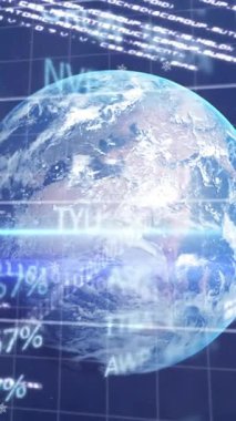 Animation of financial data processing over globe and grid. Global connections and data processing concept digitally generated video.