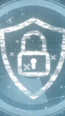 Güvenlik asma kilit ikonu ve biyometrik parmak izi tarayıcısının yuvarlak tarayıcıya göre animasyonu. Siber güvenlik ve iş teknolojisi kavramı