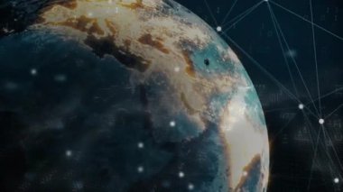 Kısmi parlayan dijital dünya, veri akışını gösterirken dönen dünyanın etrafında örgü oluşturmaya başlıyor. Teknoloji, bağlantı, veri görselleştirme, siber alan, gelecekçilik, ağ altyapısı, dijital arayüz