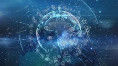 Işık, holografik Dünya 'nın oluşumunu ve dönüşünü başlatıyor. Ağı görselleştirmek için titreşen simgelerle birlikte. Fütürist, dijital, teknoloji, ağ, bağlantı, görselleştirme, soyut