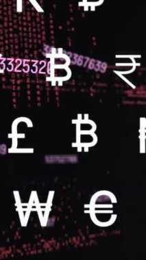 Animation of currency symbols with changing numbers and computer language on black background. Digitally generated, multiple exposure, finance, economy, coding, technology, futuristic concept.