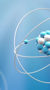 Mavi arka planda dönen atom modellerinin animasyonu. Küresel bilim, araştırma, bağlantılar, hesaplama ve veri işleme kavramı dijital olarak oluşturulmuş video.