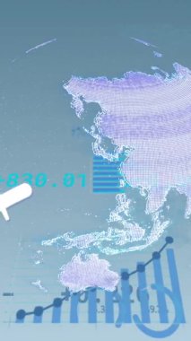 Mavi arka planda dönen dünya ikonu ve istatistiksel veri işleme animasyonu. Küresel ağ ve iş veri teknolojisi kavramı