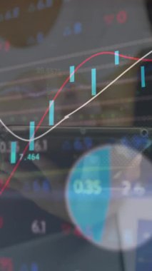 Animation of financial data processing over diverse business people using tablet. Global business, finances and digital interface concept digitally generated video.