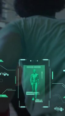 Animation of data processing over diverse male basketball players. Global sports, science, computing, digital interface and data processing concept digitally generated video.