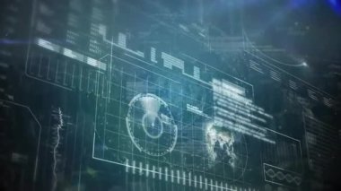 Karanlık şebeke, veri çizgilerini, dönen halkaları ve parlayan haritayı görselleştiren arayüzü gösteriyor. Fütüristik, teknoloji, analitik, dijital, arayüz, veri görselleştirme, donanımlı