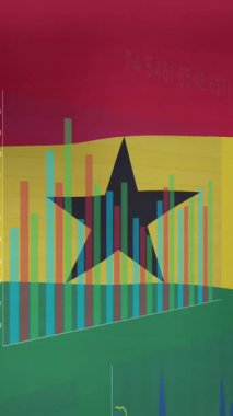 Gana bayrağı üzerinde veri işleme animasyonu. Dünyanın bayrakları ve dijital arayüz konsepti dijital olarak oluşturulmuş video.