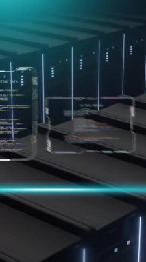 Bilgisayar sunucuları üzerinden mavi tarayıcı ışınlarının ve arayüzlerin işleme verilerinin animasyonu. Bağlantı, veri, işleme, dijital arayüz ve iletişim, dijital olarak oluşturulmuş video.