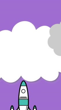 Mor arka planda birden fazla bulut simgesi üzerinde uçan Roket ikonunun dijital animasyonu. Eğitim ve okul kavramı