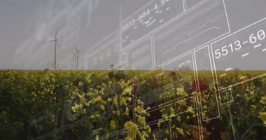 Başlangıç kablo örtüleri ekin verilerini temsil eden türbinlere doğru çiçek tarlaları üzerinde kayar. Tarım, yenilenebilir enerji, veri görselleştirme, çevre izleme, fütüristik, manzara, teknoloji