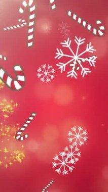 Kırmızı arkaplandan düşen şeker ve kar animasyonu. Noel, kış, gelenek ve kutlama konsepti dijital olarak oluşturulmuş video.