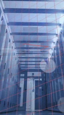 Sunucu odasında veri işleme animasyonu. küresel iş ve dijital arayüz kavramı dijital olarak oluşturulmuş video.