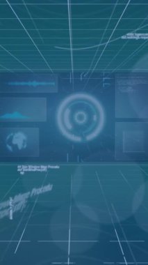 Mavi arkaplanda finansal veri işleme animasyonu. Küresel iş, finans, hesaplama ve veri işleme kavramı dijital olarak oluşturulmuş video.