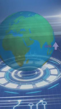 Dünya gezegenini tarayan ekranlardaki ve dürbünlerdeki veri işleme animasyonları. veri işleme ve dijital arayüz kavramı dijital olarak oluşturulmuş video.