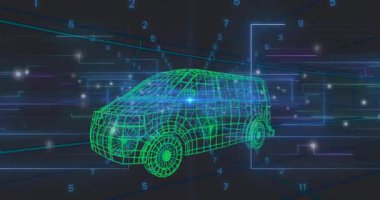 Simülasyonda yeşil üç boyutlu kablo çizelgesini başlatın kenarları vurgulayın ve simülasyonu gösteren sürüklenen veriler. Gelecek, teknoloji, yenilik, sanal, dijital, holografik, otomotiv