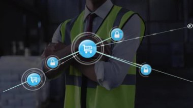 Lojistik yöneticisi simgeyi arabaya yüklerken ayakta duruyor ve tedarik zincirini kilitliyor. İkmal zinciri, lojistik, ağ, siber güvenlik, bağlantı, otomasyon, endüstriyel