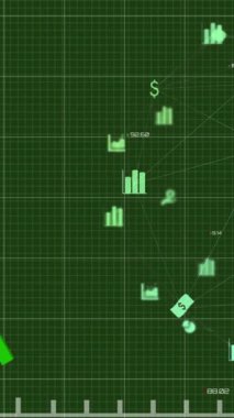 Yeşil arkaplanda finans simgeleri ağına karşı hareket eden yeşil grafiğin dijital animasyonu. küresel finans ve iş konsepti