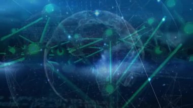 Veri alışverişini görselleştirmek için dijital küre dönüyor, düğüm ışıklandırması ve çizgiler çalıştırılıyor. Teknoloji, bağlantı, veri görselleştirme, siber alan, fütüristik, dijital ağ, yenilik