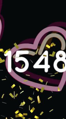 Siyah zemin üzerinde konfeti animasyonu ve kalp simgeleri. Sosyal medya, bağlantı ve iletişim konsepti dijital olarak oluşturulmuş video.