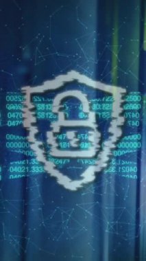 Sunucu odasındaki asma kilit ile veri işleme animasyonu. küresel teknoloji ve dijital arayüz kavramı dijital olarak oluşturulmuş video.