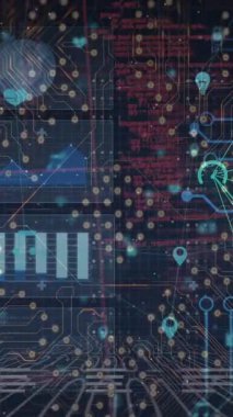 Uygulama simgelerinin arkaplandaki bilgi arayüzü üzerinden satırlara bağlanması. Dijital olarak oluşturulmuş, hologram, rapor, finans, ikili kod, kodlama, çemberler, devre kartı, teknoloji.