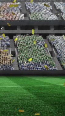 Boş bir stadyumun üzerine konfetilerin düşüşünün animasyonu. kutlama, kazanma, spor ve yarışma konsepti dijital olarak oluşturulmuş video.