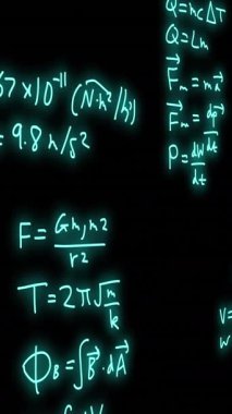 Animation of mathematical formulae and scientific data processing over black background. Global science, computing and data processing concept digitally generated video.