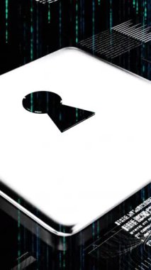 Siyah arka planda veri işleme ve asma kilit animasyonu. dijital arayüz ve veri işleme kavramı dijital olarak oluşturuldu.