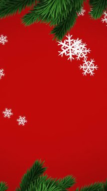 Kırmızı arka planda köknar dallarıyla düşen kar animasyonu. Noel kutlaması konsepti dijital olarak oluşturulmuş görüntü.