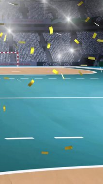 Arka plandaki futbol stadyumuna düşen altın konfetilerin dijital animasyonu. Spor turnuvası ve yarışma konsepti