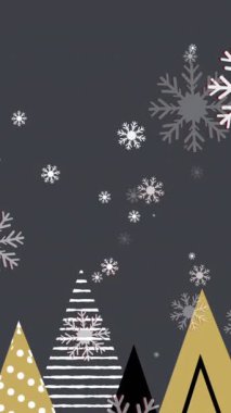 Koyu gri arka planda, Noel ağaçlarının üzerine düşen kar tanelerinin animasyonu. Noel, gelenek ve kutlama konsepti dijital olarak oluşturuldu.