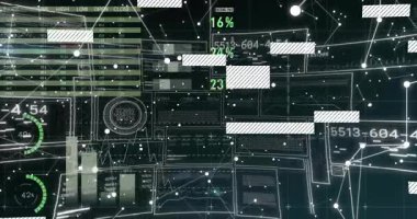 Arayüzün açıldığı kayan çubuklarda devre ızgarası hizalanırken verileri gösteren gösterge grafikleri güncelleniyor. Teknoloji, veri, analitik, arayüz, gösterge paneli, görselleştirme, dijital