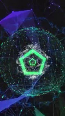 Kürenin üç boyutlu yapısında yeşil eşmerkezli altıgenler ve siyah arkaplanda yüzen mor şekiller. Vintage renk ve hareket konsepti dijital olarak oluşturuldu.
