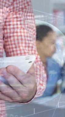 Animation of financial data processing and globe over diverse schoolchildren in class. Global education, computing and data processing concept digitally generated video.