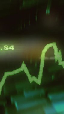 Kara fon üzerinde veri işleme, diyagramlar ve borsa animasyonları. Küresel iş, teknoloji ve dijital arayüz kavramı, dijital olarak oluşturulmuş video.