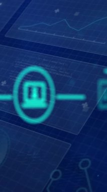 Mavi arkaplanda veri işleme üzerine ortam simgelerinin canlandırılması. küresel iş, finans, bağlantılar ve dijital arayüz konsepti dijital olarak oluşturulmuş video.