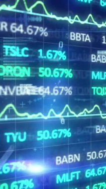 Finansal veri işleme animasyonu ve siyah arkaplan istatistikleri. Küresel finans, iş ve veri işleme kavramı dijital olarak oluşturulmuş video.