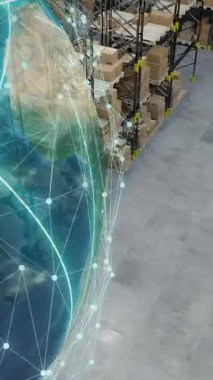 Deponun üzerindeki dünya çapındaki bağlantıların animasyonu. Küresel sevkiyat, iş, finans, bilgisayar ve veri işleme kavramı dijital olarak oluşturuldu.