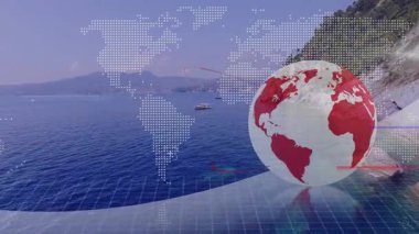 Haritada kaybolan kırmızı-beyaz üç boyutlu küre ileri doğru gidiyor. Yörünge büyüyor. Veri içgörüsünü tarıyor. Dünya, navigasyon, teknoloji, yenilik, veri görselleştirme, dijital, küresel