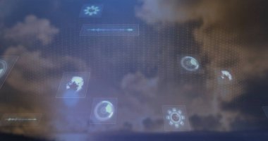 Yüzen yarı saydam paneller, sakin okyanus deniz manzarası üzerinde nokta matris kaplamalı teknik simgeler gösteriyor. Gelecek, yenilik, dijital, teknoloji, arayüz, sanal, soyut