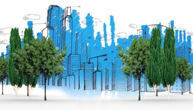 Ağaçların dijital olarak oluşturulan görüntüsü mavi ufuk çizgisine karşı