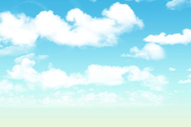 Düz tasarım gökyüzü çizimi, turkuaz cyan gradyanı karşısında tüylü kümülüs bulutlarını gösteriyor. Minimalist, sakin, atmosferik, canlı, barışçıl, geniş, doğal